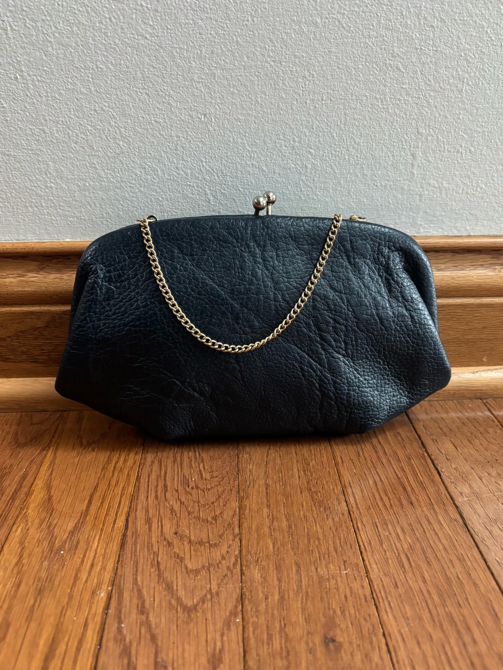Vintage Navy Leather Clasp Handbag with Chain Strap